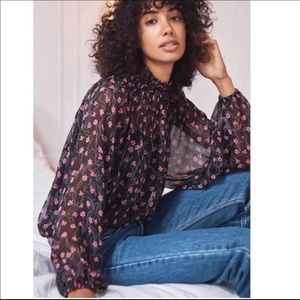 Elizabeth and James Sheer Black Flora Smocked Neck Top